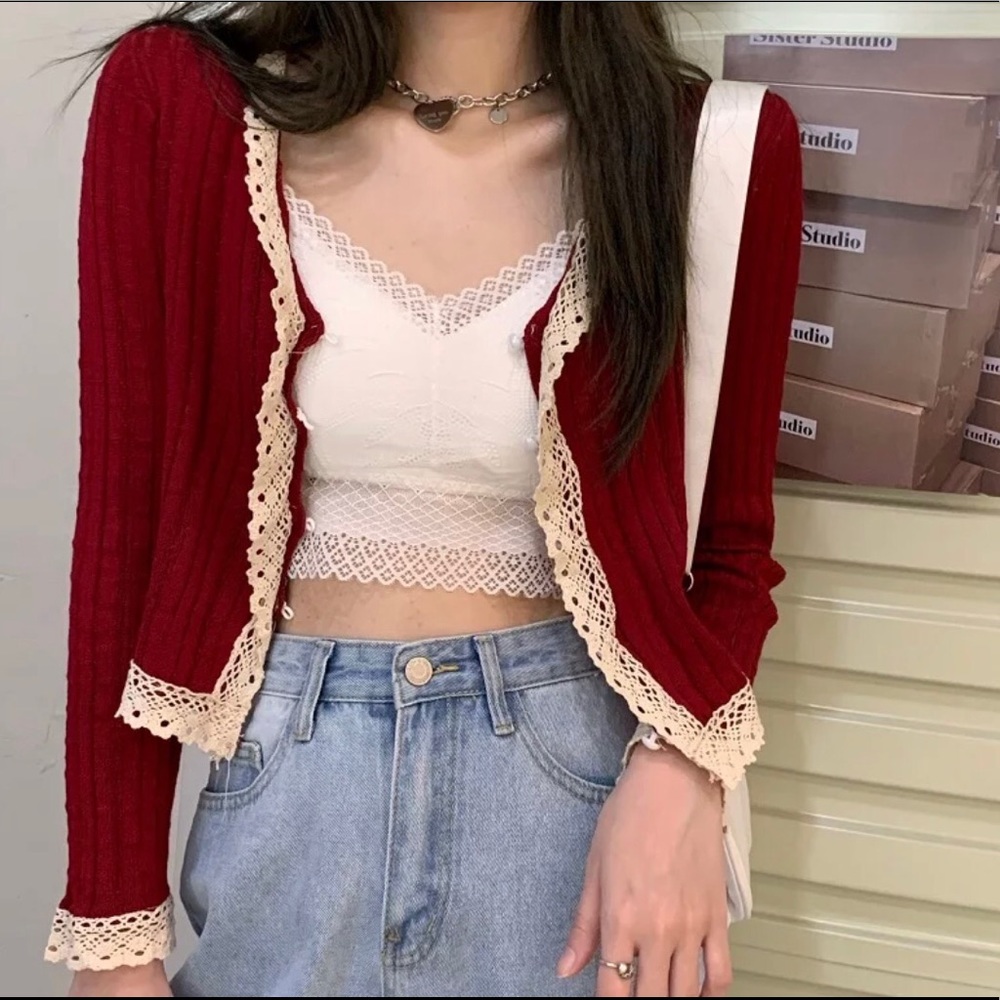 Lace cardigan thin sweater cropped style button red beige cream long sleeve knit - Picture 3 of 4